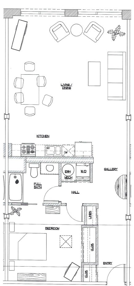 Floor plan for 1 bed, 1 bath, 897 sqft